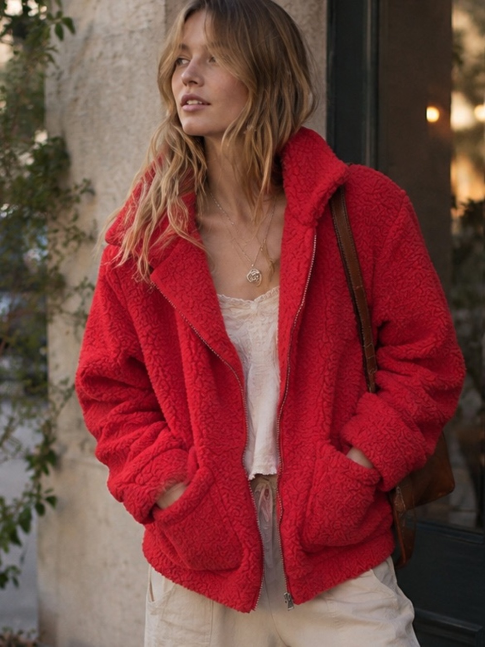 Red Sherpa Zip-Up Jacket for Women